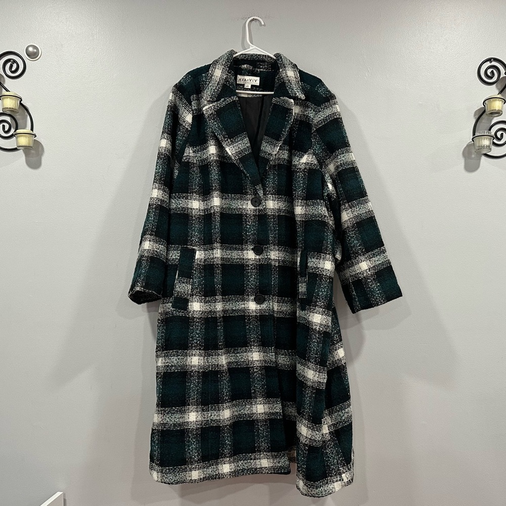 Ava & Viv Belted Green Plaid Checkered Coat 4X